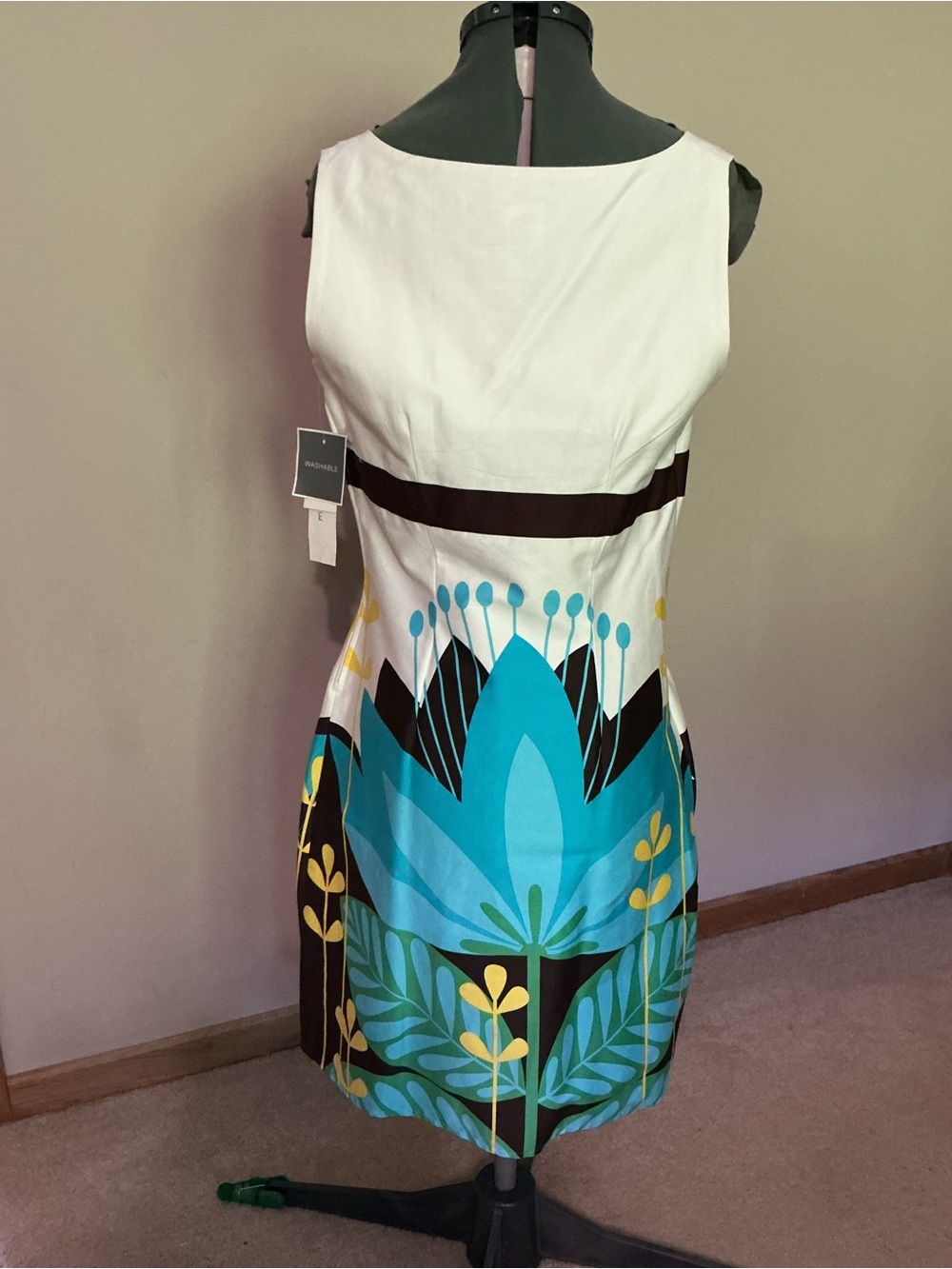 White & Blue Floral V-Neck Midi Dress with Brown Waistband - Picture 2 of 7